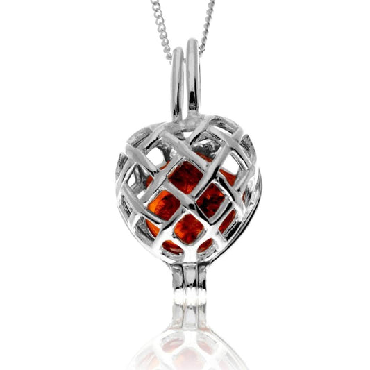 925 Steling Silver & Genuine Baltic Amber Locked in the Heart Amber Ball Pendant - GL2055