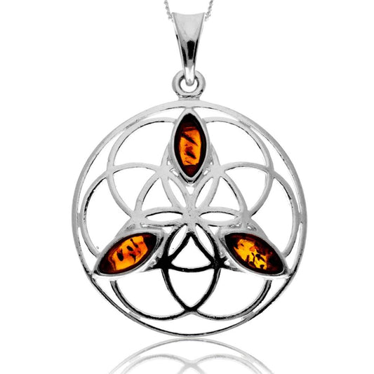 925 Steling Silver & Genuine Baltic Amber Celtic Flower of Life Pendant - GL2059