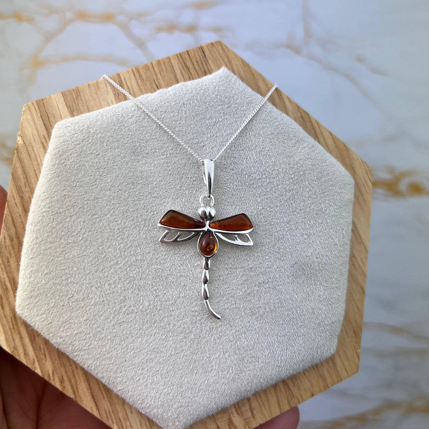 925 Steling Silver & Genuine Baltic Amber Dragonfly Pendant - GL2049